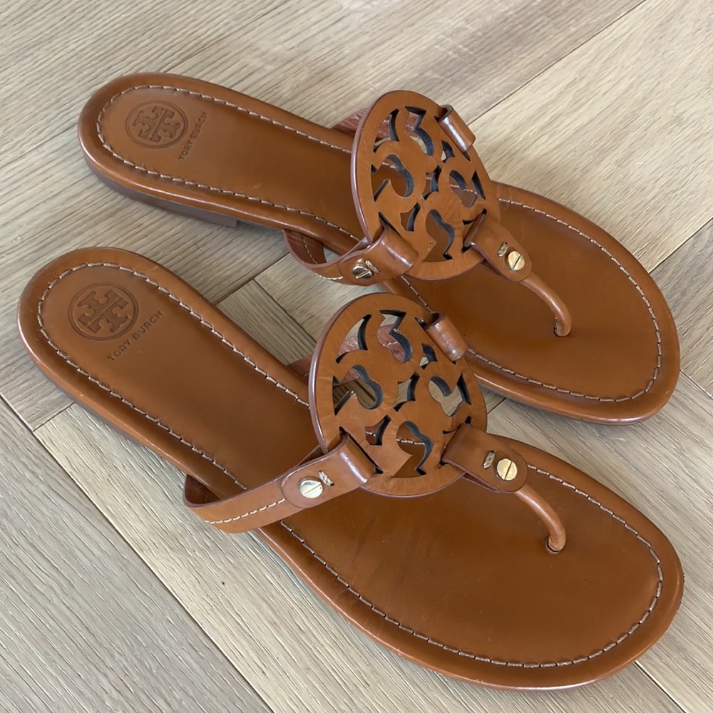 TORY BURCH Miller Sandals Sz 10 in Brown Vintage Vachetta Leather barely worn